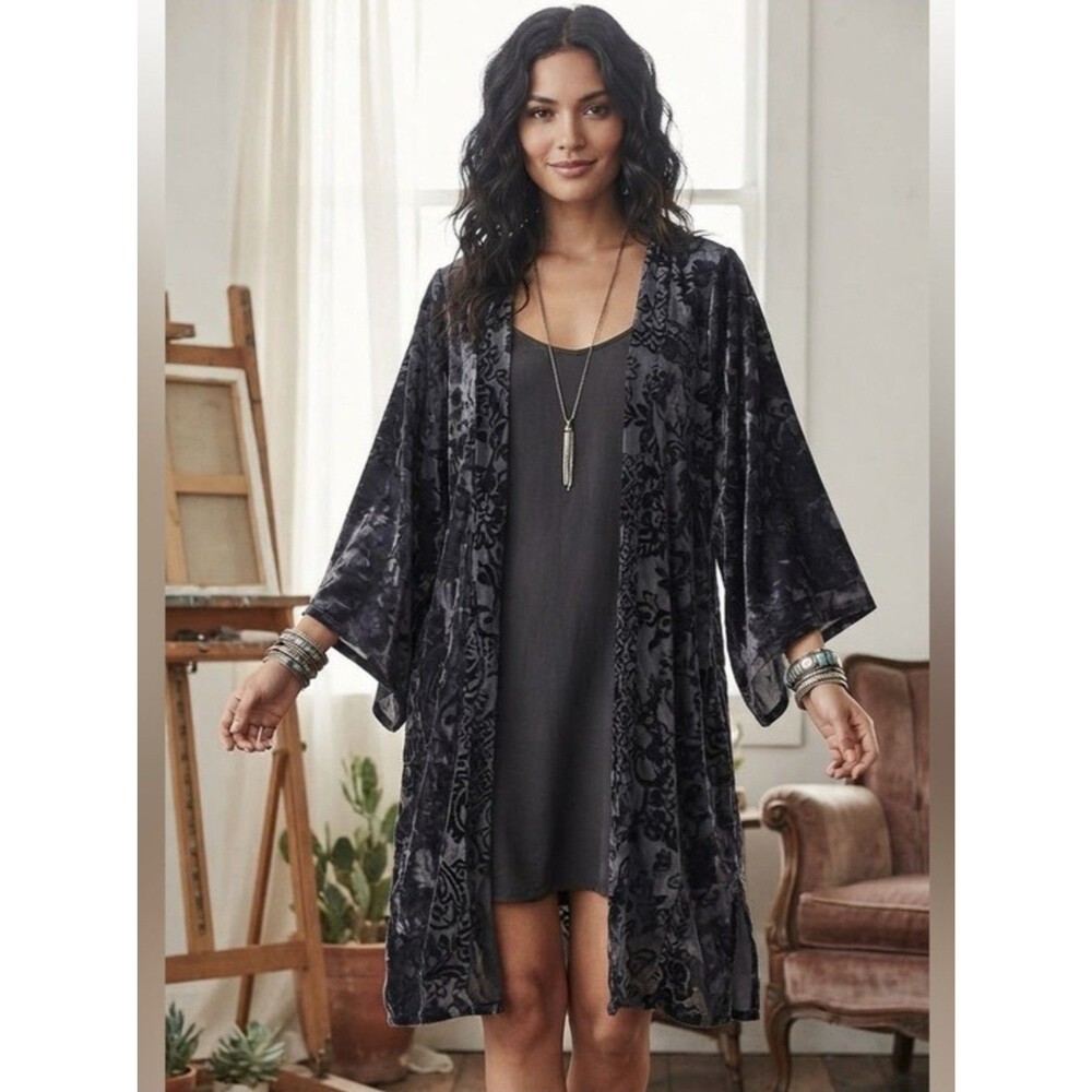 Knox Rose Black 3/4 Kimono Sleeve Duster Top M/L Velvet Burnout Lace Witchy Goth